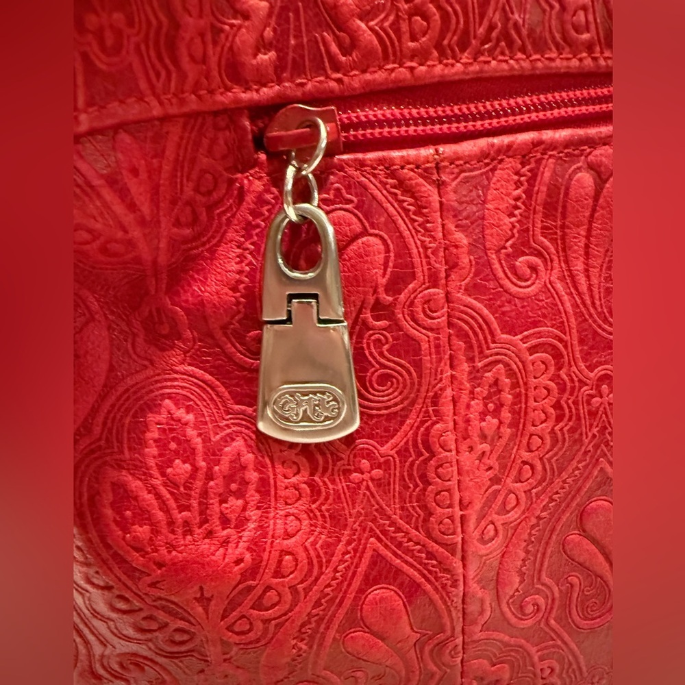 Genuine Leather Red Embossed Paisley Style Shoulder Bag with Adjustable Straps - Picture 10 of 15